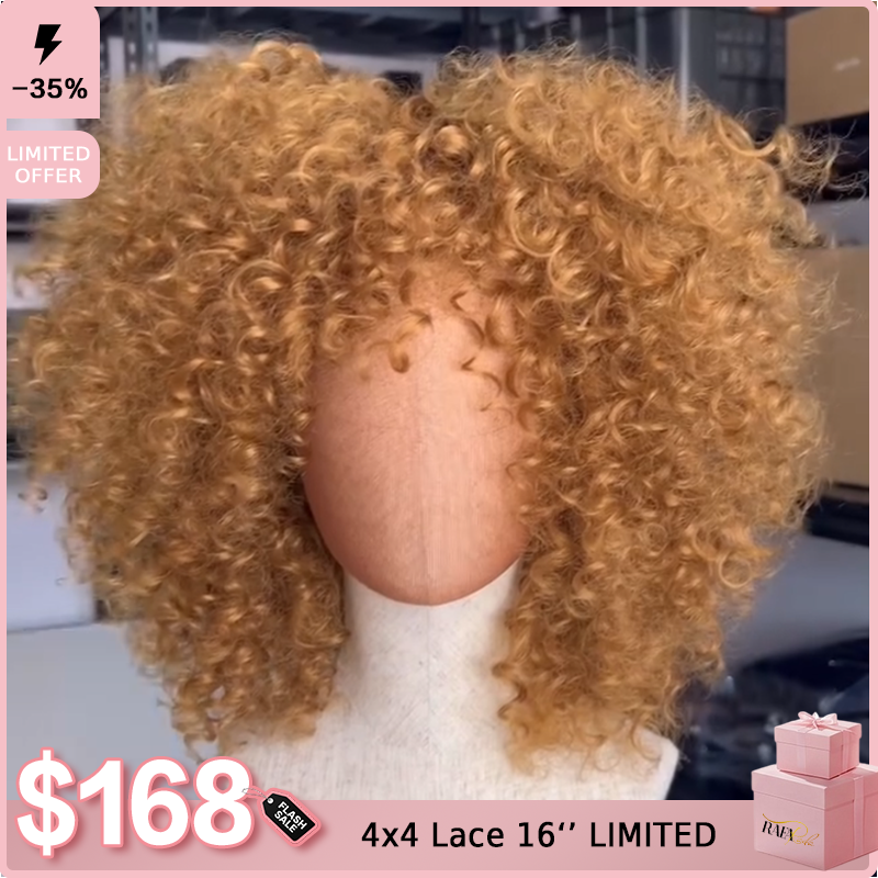 Voluminous Honey Blonde Super Tight and Bouncy Coily Curls Human Hair Wig with Bangs 100% Remy Glueless- Rafarada