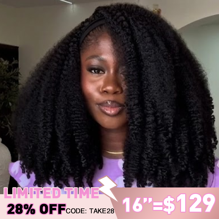 Natural Black Kinky Coily Headband Wig Afro Twist Curly Human Hair Wig Extra Thick Glueless Throw and Go Wig for Black Women- Rafarada