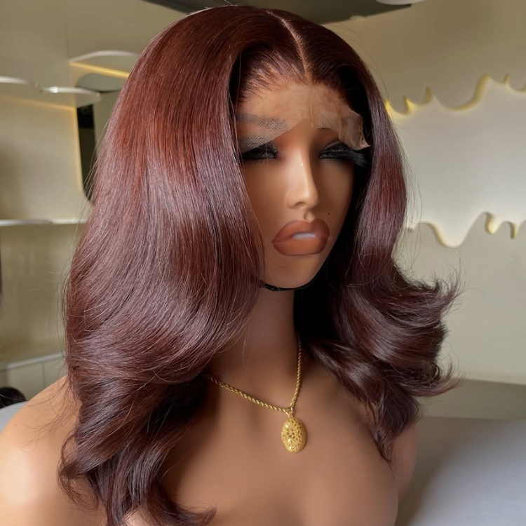 Chocolate Auburn Blowout Style Lace Wig Human Hair Face-Framing Layered Waves Natural Hairline Glueless Wig - Rafarada