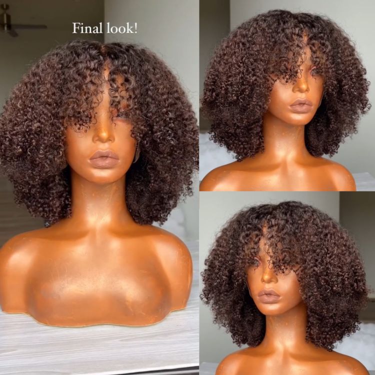 Glueless Afro Curl Ombre Root Deep Auburn Tones and Defined Voluminous Curls Human Hair Lace Wig Ombre Dark Reddish Brown Colored Wigs - Rafarada