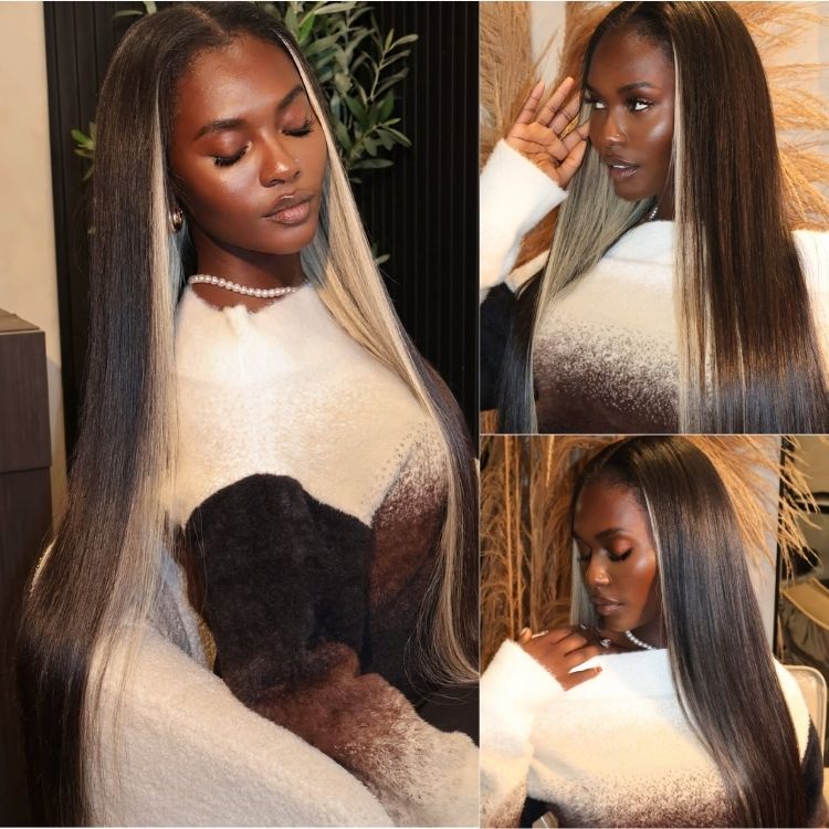 Natural Black Straight Human Hair Wig with 613 Money Piece Highlights HD Lace Front Wig- Rafarada