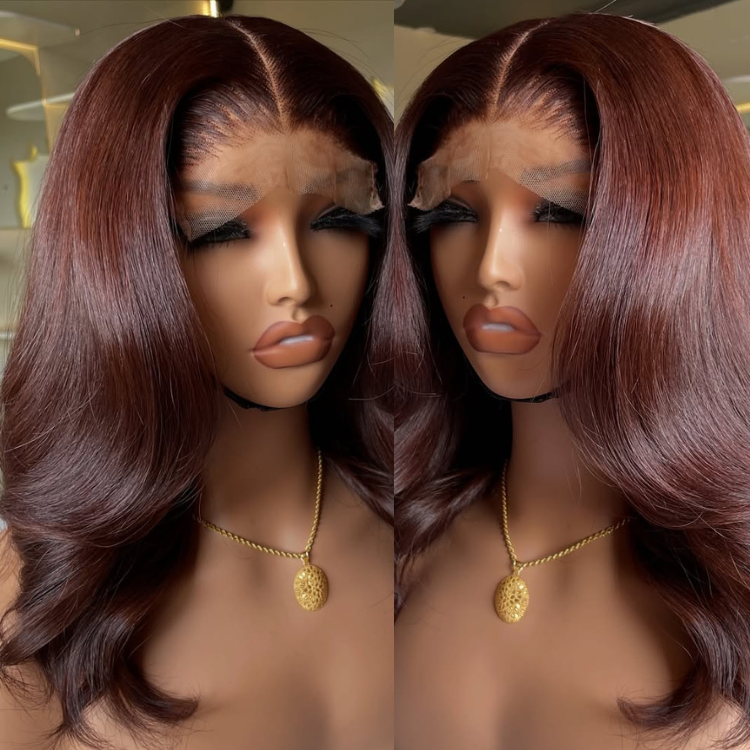 Chocolate Auburn Blowout Style Lace Wig Human Hair Face-Framing Layered Waves Natural Hairline Glueless Wig - Rafarada