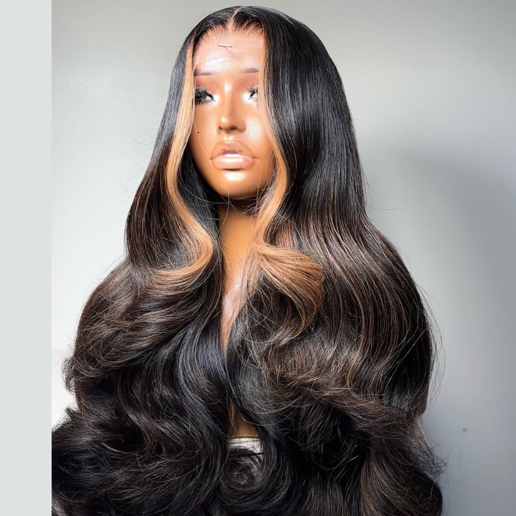 Honey Blonde Money Piece Highlight Body Wave Lace Front Wig  Face-Framing Bouncy Curls Long Wavy Wig - Rafarada