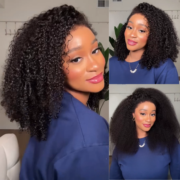 Natural Black Kinky Curly Lace Front Human Hair Wigs High Density Natural Black Brazilian Raw Hair Defined Bouncy Curls Wig - Rafarada