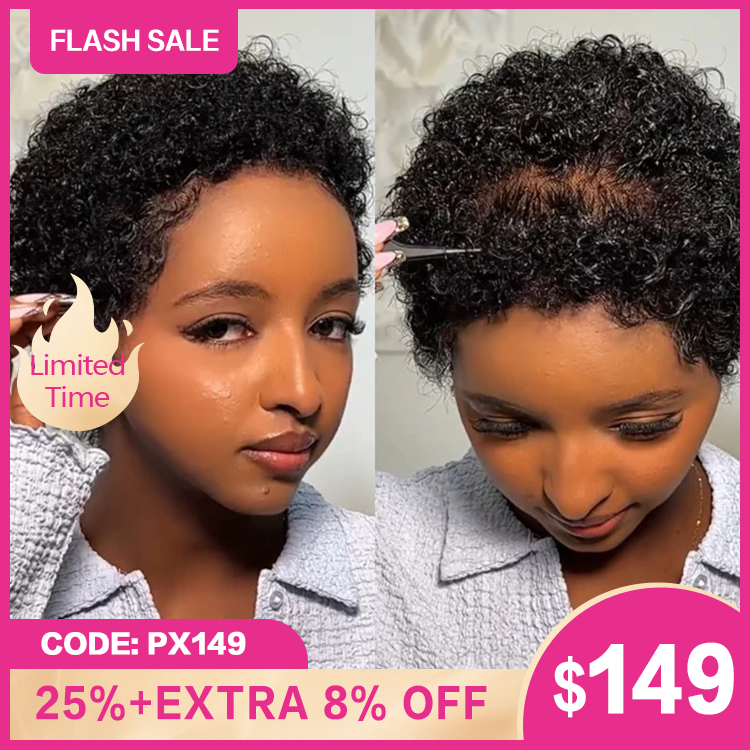 Short Pixie Cut Curly Human Hair Lace Front Wigs Natural Black Full Lace Free Part Wig for Women - Rafarada