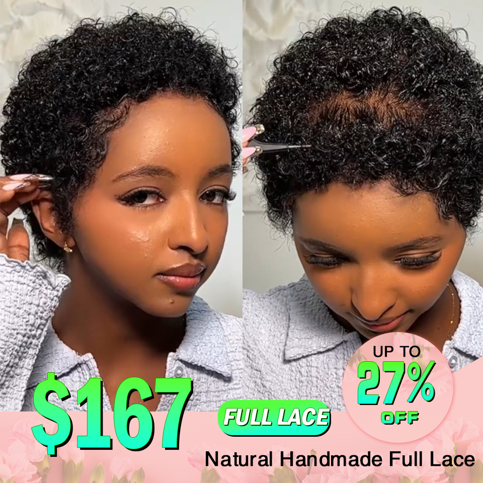 Short Pixie Cut Curly Human Hair Lace Front Wigs Natural Black Full Lace Free Part Wig for Women - Rafarada