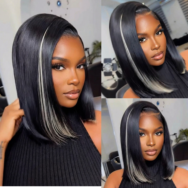 Straight Skunk Stripe Lace Front Human Hair Wigs Short Bob Cut with Silver Ash Blonde Highlights Pre Plucked Glueless Side Part Wig for Women - Rafarada