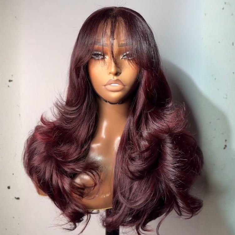 99J Burgundy Layered Body Wave Lace Front Wigs with Bangs Pre-Plucked Wine Red Bouncy Curly Human Hair Wig for Women - Rafarada