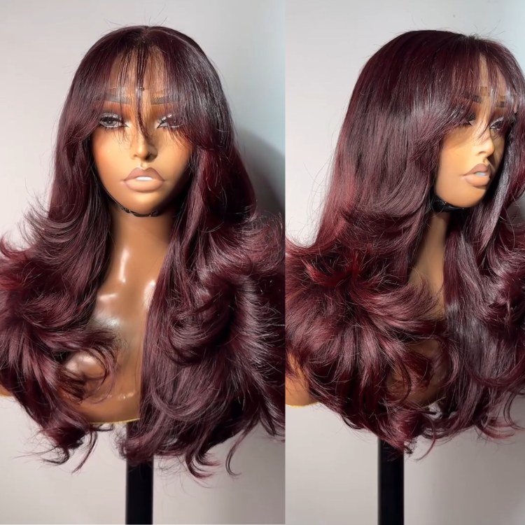 99J Burgundy Layered Body Wave Lace Front Wigs with Bangs Pre-Plucked Wine Red Bouncy Curly Human Hair Wig for Women - Rafarada