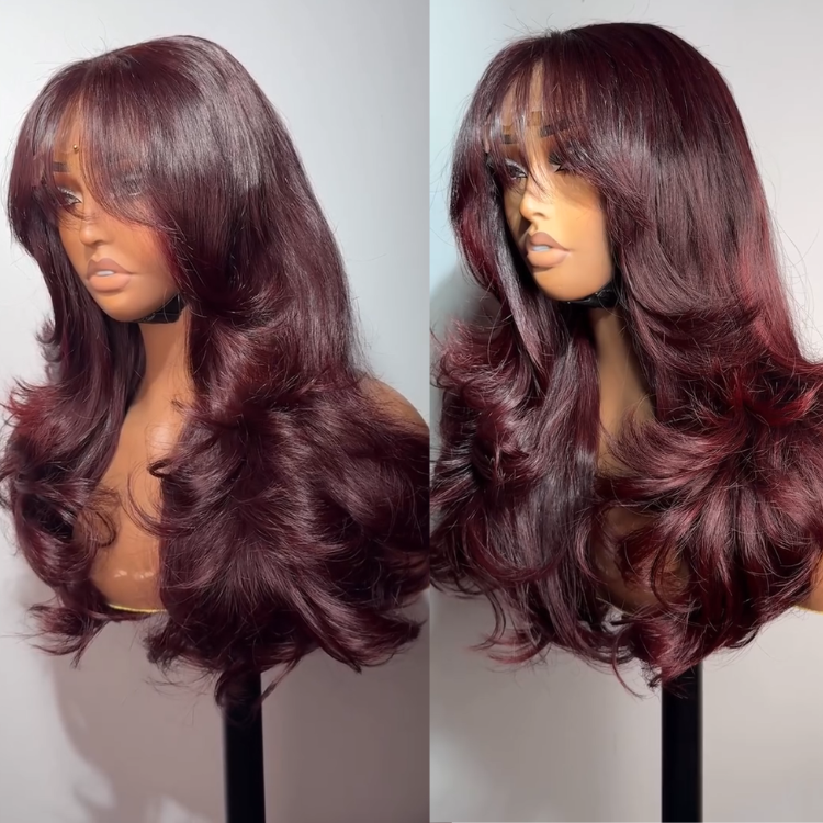 99J Burgundy Layered Body Wave Lace Front Wigs with Bangs Pre-Plucked Wine Red Bouncy Curly Human Hair Wig for Women - Rafarada