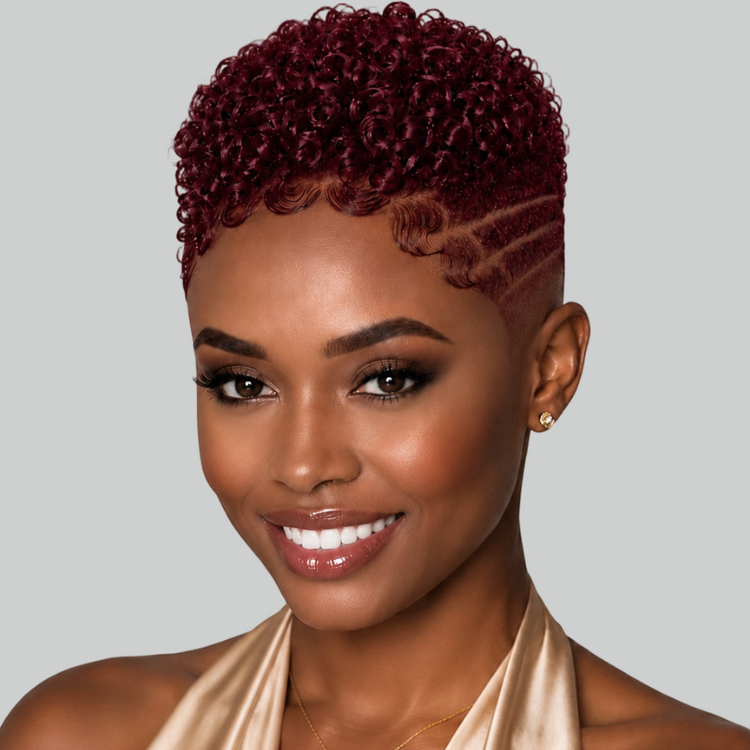 Natural Black Short Pixie Cut with Tightly Coiled Curls and Sleek Edges- Rafarada