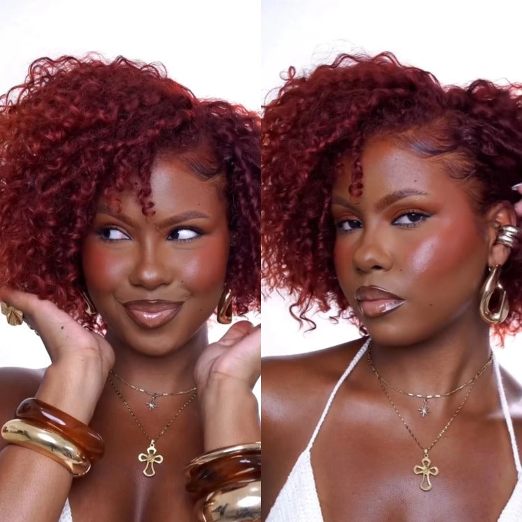 99J Burgundy Jerry Curly Lace Front Human Hair Wigs Short Bob Curly Wig Red Wine Wig - Rafarada