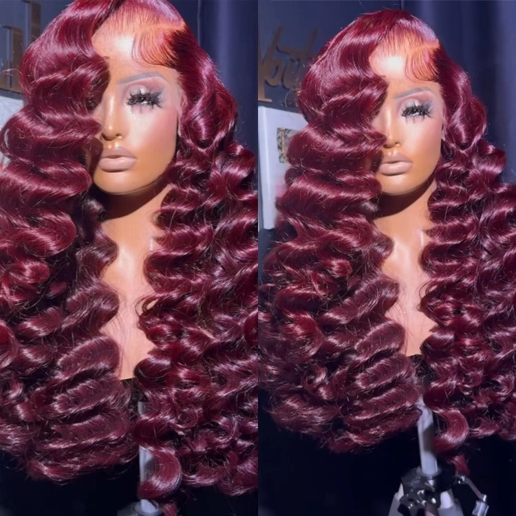 Lace Front Wig Human Hair 99J Color Deep Wave Wig Burgundy 100% Human Hair - Rafarada