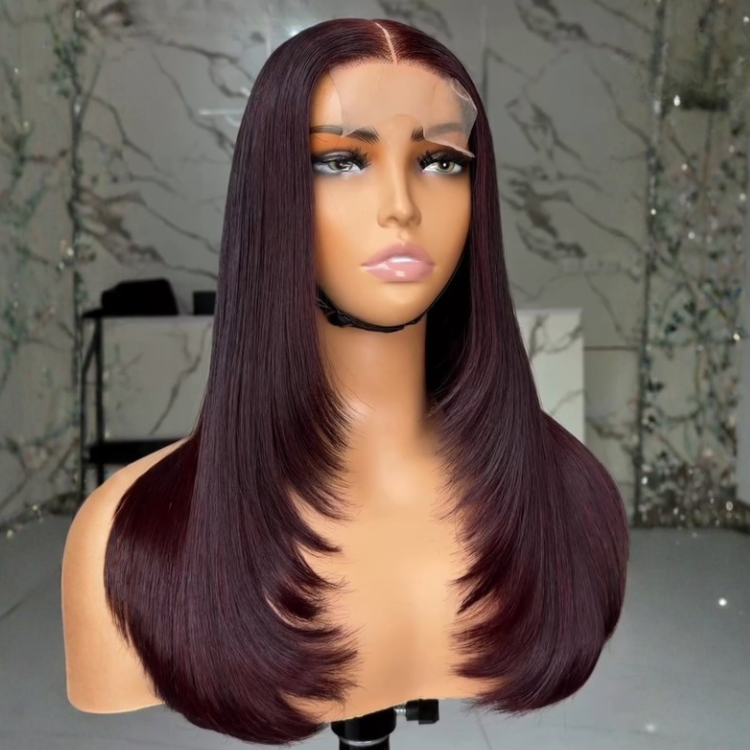 99J Straight Lace Front Human Hair Wigs with Layers Pre-plucked Dark Wine Red Layered Straight Wig for Women - Rafarada