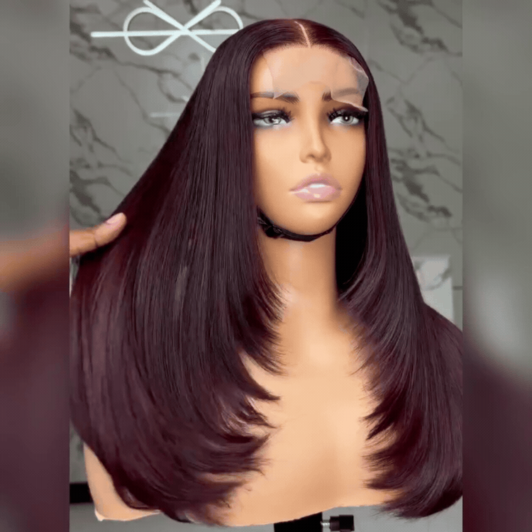 99J Straight Lace Front Human Hair Wigs with Layers Pre-plucked Dark Wine Red Layered Straight Wig for Women - Rafarada
