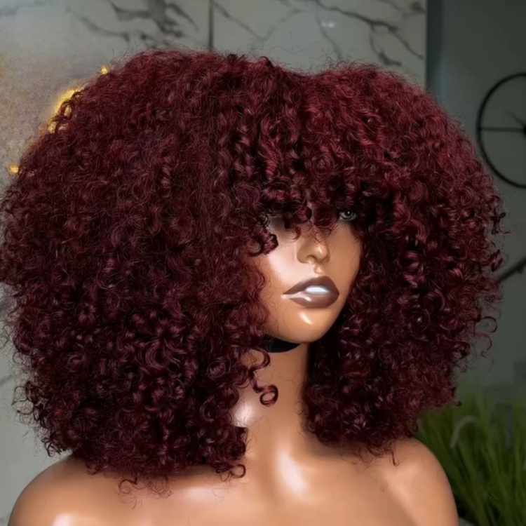 Glueless Chocolate Brown Afro Small Curly Wig with Bangs 6x4 Lace Ombre Brown Human Hair Wigs Bouncy Jerry Curl Fringe Wig Pre-Plucked & Beginner Friendly - Rafarada