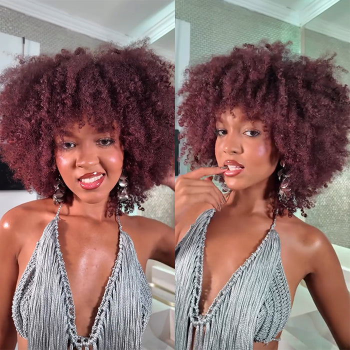 Afro Kinky Curly Shot Bob Wig Burgundy Color Human Hair Wig Glueless Lace Front Wig Natural Look For Woman - Rafarada