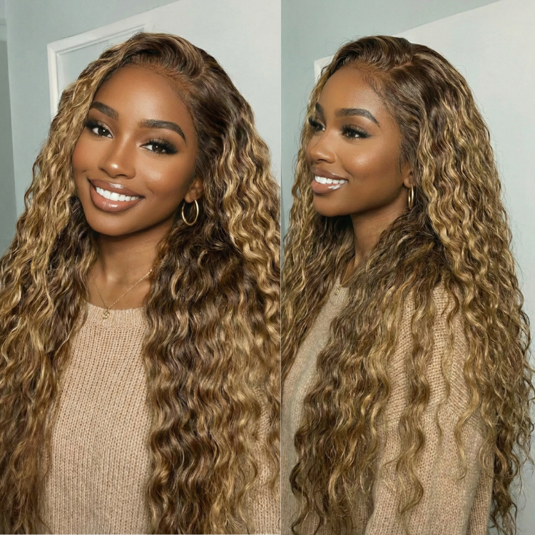 Honey Blonde Highlight Kinky Curly Human Hair Wig Glueless Lace Frontal Wig Brown Balayage Curly Wig for Women - Rafarada
