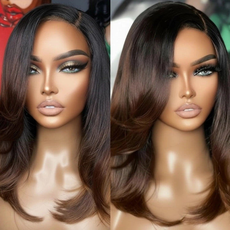 Ombre Brown Long Layered Hair Cut Bob Straight Human Hair HD Lace Glueless Wig- Rafarada