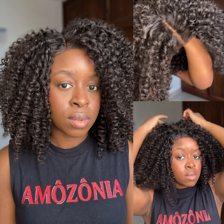 Afro Curly Bob Wig Natural Black with Subtle Brown Highlights HD Lace Front Human Hair Wigs - Rafarada
