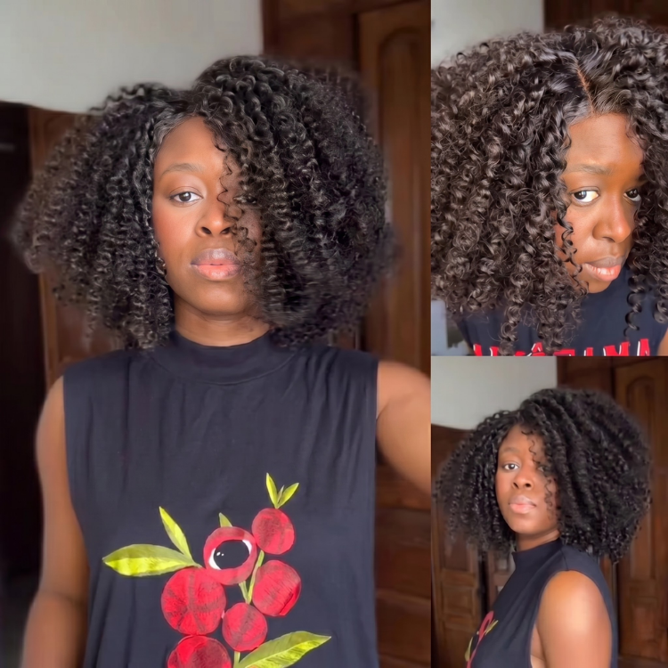 Afro Curly Bob Wig Natural Black with Subtle Brown Highlights HD Lace Front Human Hair Wigs - Rafarada