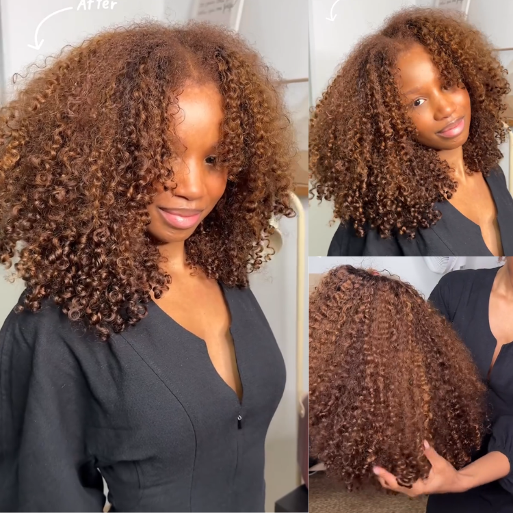 Bob Afro Curly 100% Human Hair Wig Warm Brown Ombre Glueless Lace Wig Pre-Plucked Hairline for Women- Rafarada