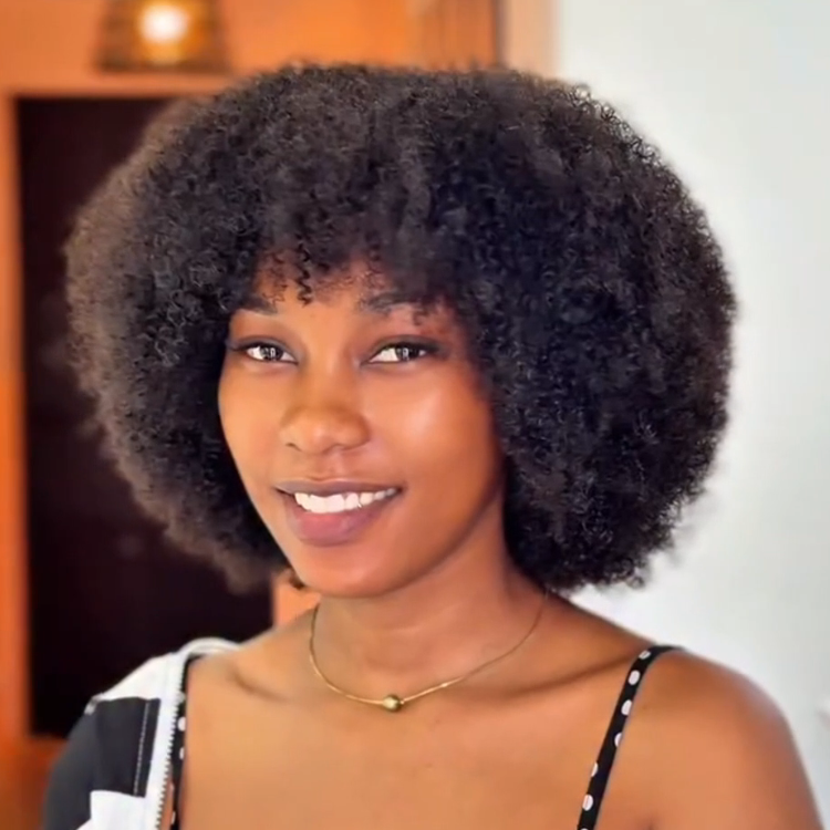 Afro Kinky Coily Glueless Human Hair Wig - Natural Black High Volume 100% Human Hair Wig with Bangs- Rafarada