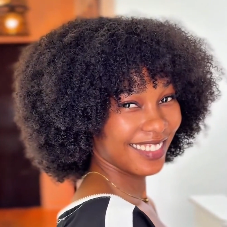 Afro Kinky Coily Glueless Human Hair Wig - Natural Black High Volume 100% Human Hair Wig with Bangs- Rafarada