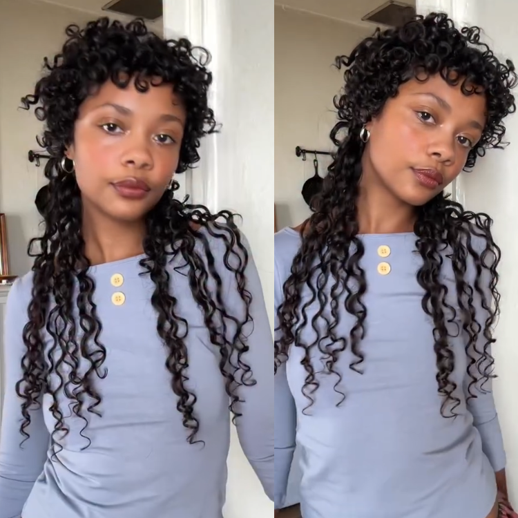 Natural Black Layered Mullet Afro Kinky Curly Human Hair Wig with Bangs - Short Top Long Back Tight Spiral Coils V-Shape Wig for Women- Rafarada
