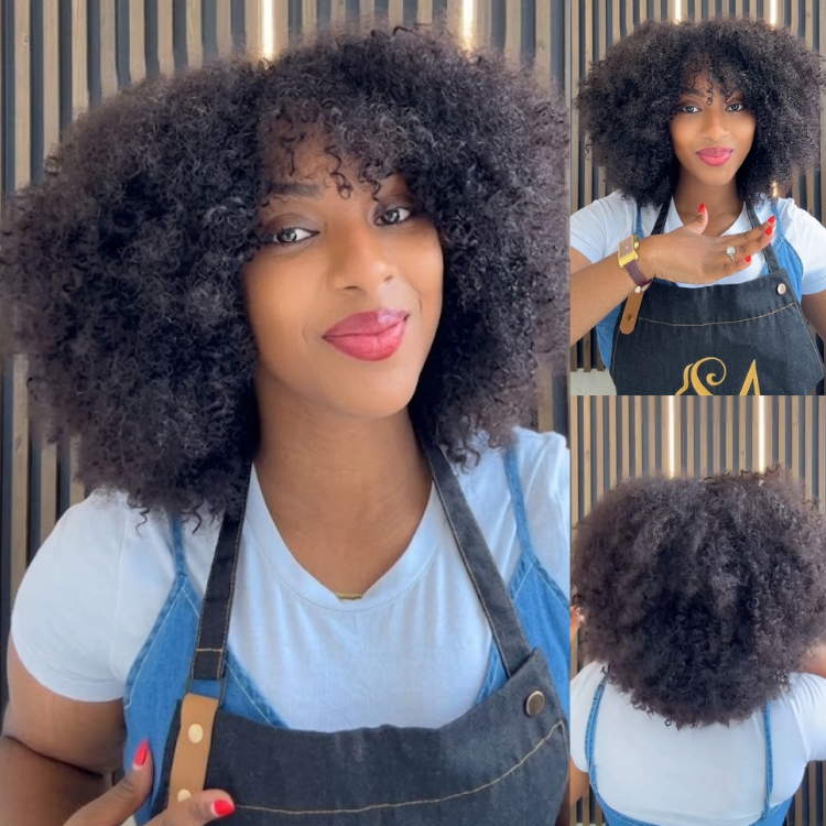 Afro Kinky Curly Glueless Wig with Bangs - Natural Black High Volume 100% Human Hair Wig for Women- Rafarada
