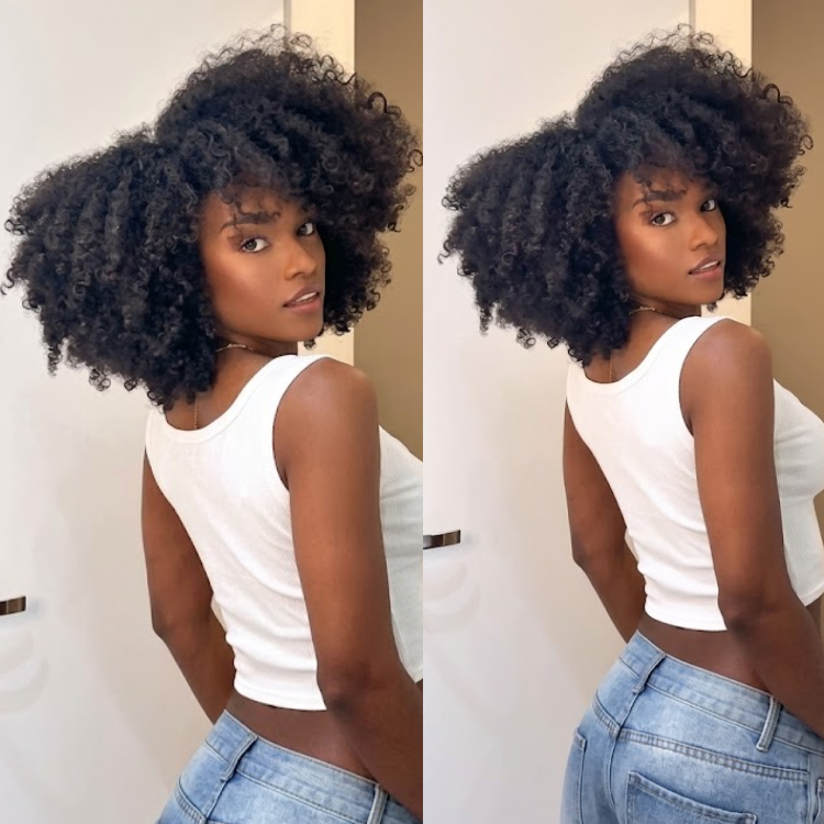 Natural Black High-Volume Afro Kinky Curly Human Hair Wig with Defined S-Curve Ringlets and Front Fringe- Rafarada