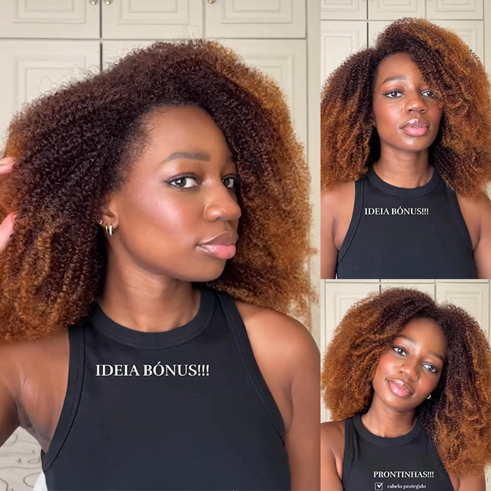 Afro Kinky Curly Human Hair Wig Ombre Chocolate Brown Color Glueless 3-In-1 Half Wig For Women- Rafarada