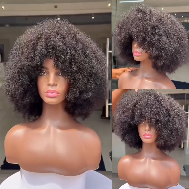 Afro Kinky Curly Wig With Bangs - Glueless None Lace Front Human Hair Wigs Natural Black- Rafarada