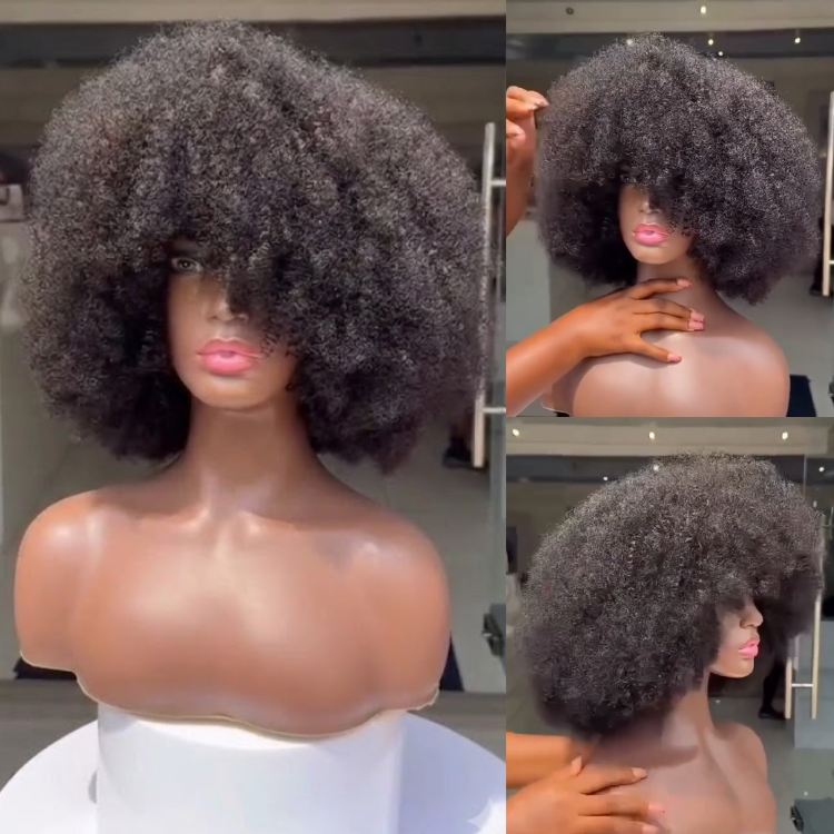 Afro Kinky Curly Wig With Bangs - Glueless None Lace Front Human Hair Wigs Natural Black- Rafarada