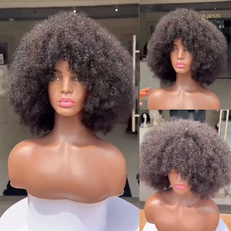 Afro Kinky Curly Wig With Bangs - Glueless None Lace Front Human Hair Wigs Natural Black- Rafarada