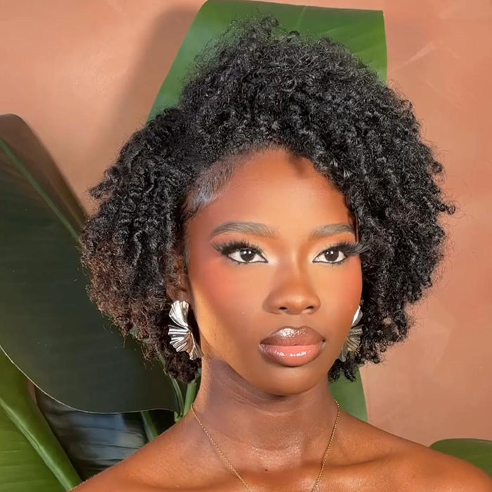 Natural Black Color Afro Spiral Curls Human Hair Wig Glueless Coily Curly Short Bob Lace Front Human Hair Wig- Rafarada