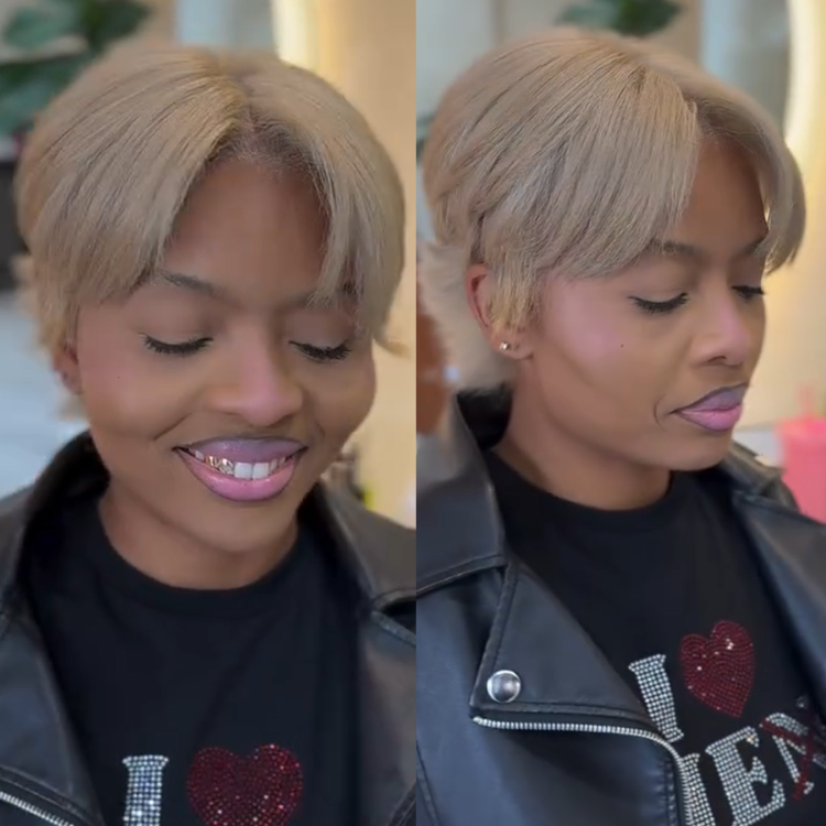 Ash Blonde Layered Pixie Cut Human Hair Wig with Curtain Bangs | Textured Waves | Glueless Full Skin Cap - Rafarada