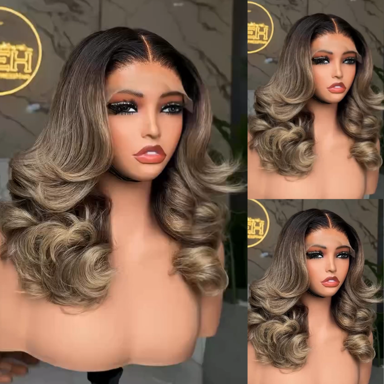 Ombre Ash Blonde Highlights on Dark Roots Midi Bob Cut Voluminous Feathered Layers HD Lace Pre-plucked Human Hair Wig- Rafarada