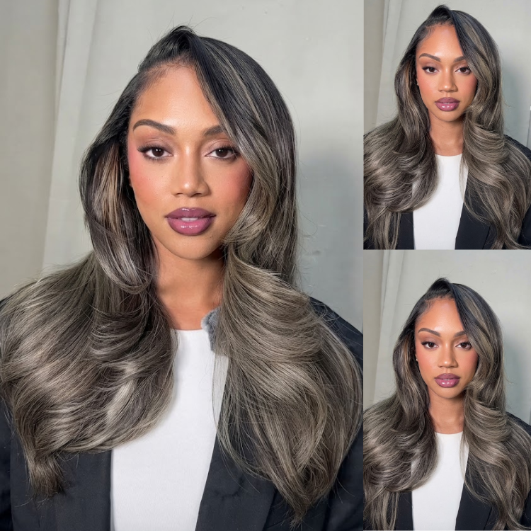 Glueless Ash Brown and Cool Gray Soft Loose Wave Lace Front Wig High Density HD Transparent Lace Human Hair Wig- Rafarada