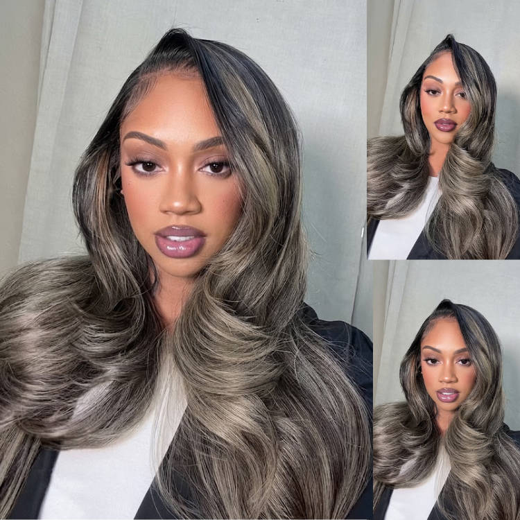 Glueless Ash Brown and Cool Gray Soft Loose Wave Lace Front Wig High Density HD Transparent Lace Human Hair Wig- Rafarada