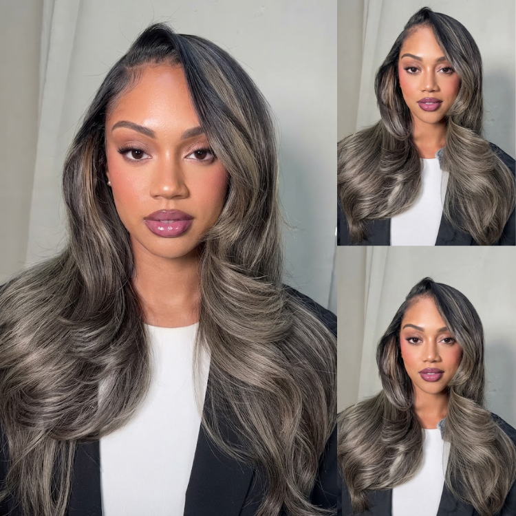 Glueless Ash Brown and Cool Gray Soft Loose Wave Lace Front Wig High Density HD Transparent Lace Human Hair Wig- Rafarada