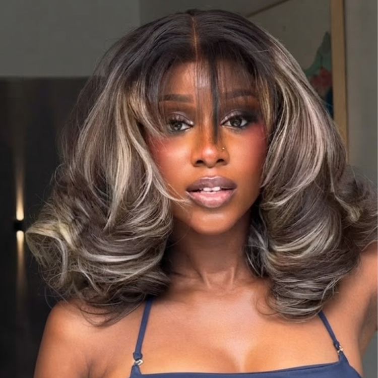 Ash Brown and Silver Blonde Mix Voluminous Layered Wig - Bouncy Curls- Rafarada