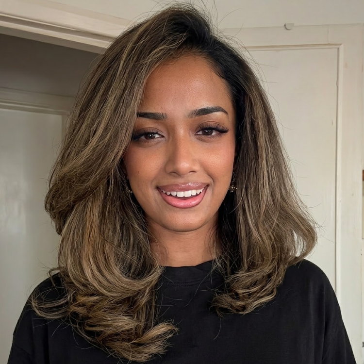 Glueless Ash Mushroom Brown Highlighted Layered Straight with Inward Curls Lace Front Wig - High Density HD Transparent Lace Human Hair Wig- Rafarada