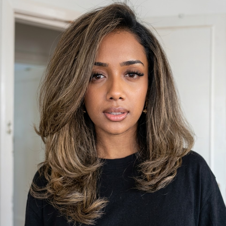 Glueless Ash Mushroom Brown Highlighted Layered Straight with Inward Curls Lace Front Wig - High Density HD Transparent Lace Human Hair Wig- Rafarada