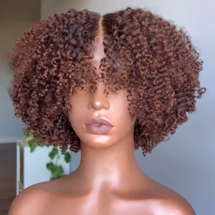 Auburn Brown Kinky Curly Bob Wig Middle Part Short Afro Curly Human Hair Wig with Natural Hairline Glueless Beginner Friendly - Rafarada