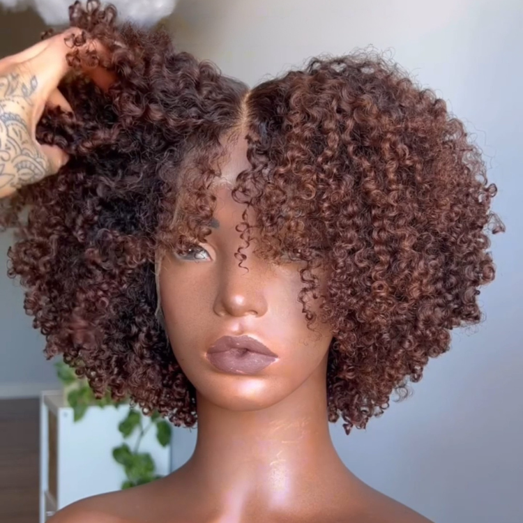 Auburn Brown Kinky Curly Bob Wig Middle Part Short Afro Curly Human Hair Wig with Natural Hairline Glueless Beginner Friendly - Rafarada