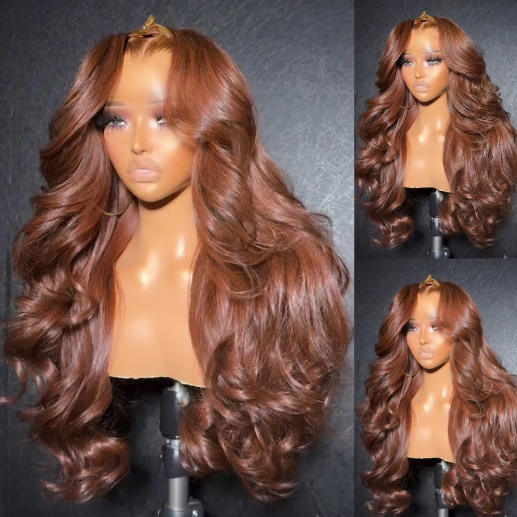 Auburn Chestnut Brown Deep Wave Glueless Wig with Big Bouncy Curls, Pre Plucked HD Lace Frontal Human Hair Wig, Middle Part Curtain Layered Cut Wig- Rafarada