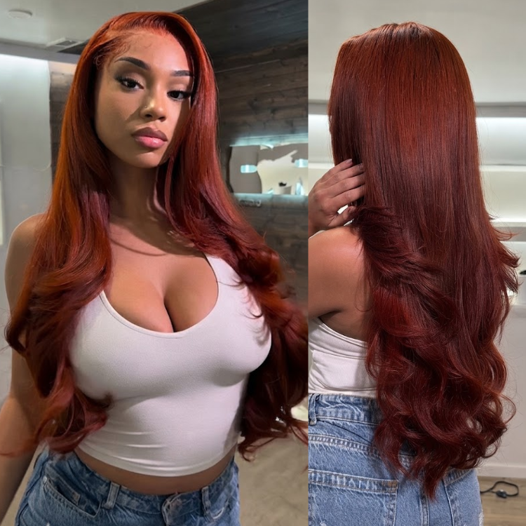 Glueless Auburn Copper Brown Loose Body Wave Lace Front Wig - High Density HD Transparent Lace Human Hair Wig- Rafarada