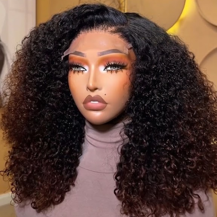 Dark Roots Ombre Auburn Kinky Curly Wig - Voluminous Jerry Curly Glueless Human Hair Wig- Rafarada