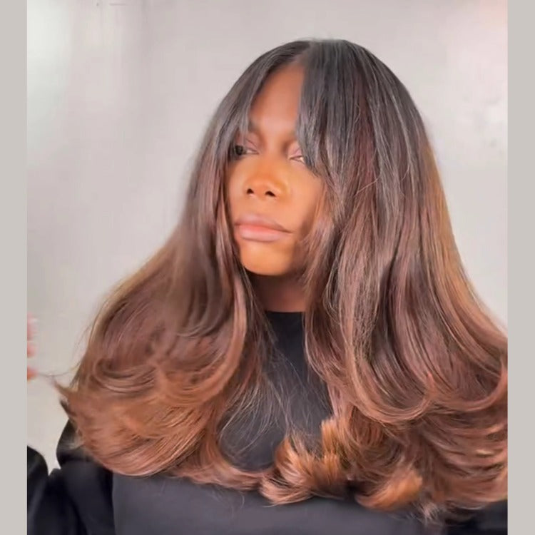 Ombre Auburn Brown Layered Blowout Wig Big Feathered Ends Natural Look Lace Wig - Rafarada